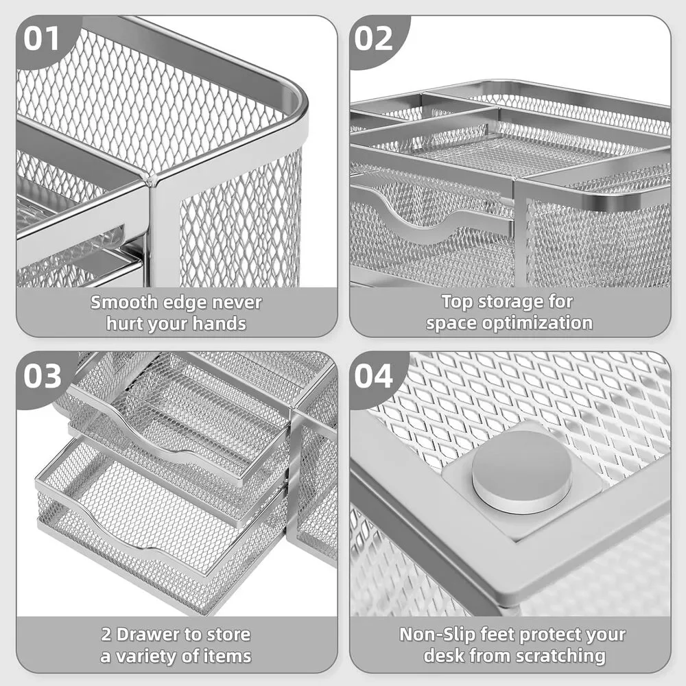 Desk Organizer Mesh 2 Drawers Pen Holder 5 Slots Office Storage Silver